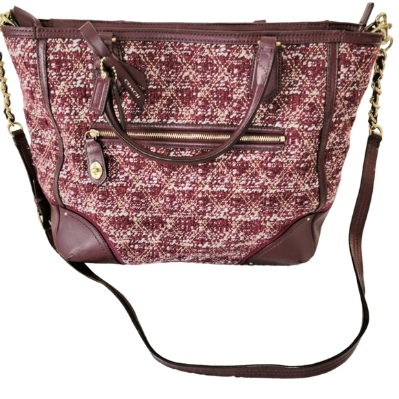 Coach Blaire Quilted Boucle "Poppy" Tote With Leather Trim  Cranberry Like New - Picture 1 of 12